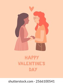 A cute couple of girls holding hands and looking into each other's eyes on Valentine's Day. Greeting card, valentine card, poster