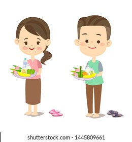 Cute Couple Give Alms Buddhist Monk Vector