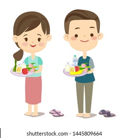 Cute Couple Give Alms Buddhist Monk Vector