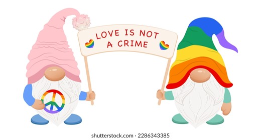 Cute  gay couple gnomes with poster. Pride month gnome. Lgbt gnome. Love is not a crime. 