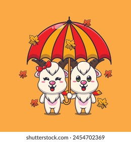 Cute couple goat with umbrella at autumn season. Mascot cartoon vector illustration suitable for poster, brochure, web, mascot, sticker, logo and icon.