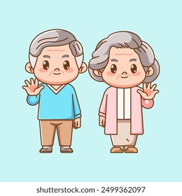 Cute couple grandpa and grandma wave hand kawaii chibi character mascot illustration outline style set