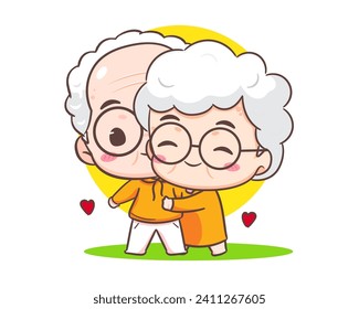 Cute couple grandparents. Grandpa and grandma cartoon character. Happy old couple. Chibi vector style. Isolated white background