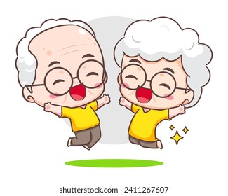 Cute couple grandparents. Grandpa and grandma cartoon character. Happy old couple. Chibi vector style. Isolated white background