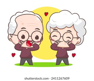 Cute couple grandparents. Grandpa and grandma cartoon character. Happy old couple. Chibi vector style. Isolated white background