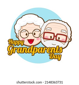 Cute couple grandparents greeting. Cartoon illustration of chibi character isolated on white background.