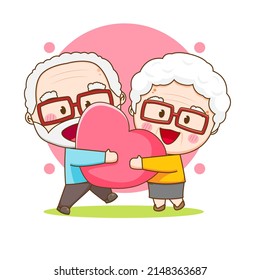 Cute couple grandparents holding big love heart. Cartoon illustration of chibi character isolated on white background.