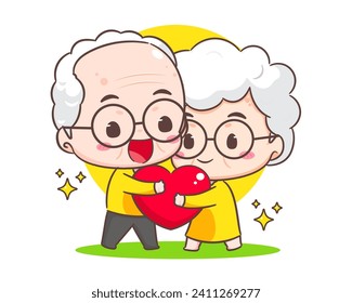 una pareja de abuelos abrazando el corazón del amor. Personaje de caricatura del abuelo y la abuela. Feliz pareja vieja. Estilo vectorial de Chibi. Fondo blanco aislado