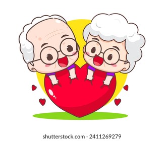 cute couple grandparents hugging love heart. Grandpa and grandma cartoon character. Happy old couple. Chibi vector style. Isolated white background