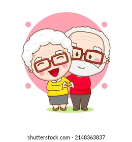 Cute couple grandparents posing love hand sign. Cartoon illustration of chibi character isolated on white background.