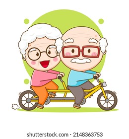 Cute Paar Großeltern Fahrrad fahren. Cartoon-Illustration von Chibi-Zeichen einzeln auf weißem Hintergrund.