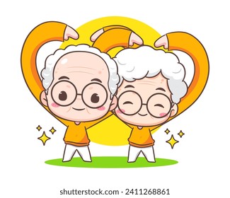 cute couple grandparents show love sign. Grandpa and grandma cartoon character. Happy old couple. Chibi vector style. Isolated white background