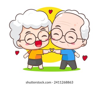 cute couple grandparents show love sign. Grandpa and grandma cartoon character. Happy old couple. Chibi vector style. Isolated white background