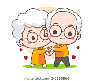 cute couple grandparents show love sign. Grandpa and grandma cartoon character. Happy old couple. Chibi vector style. Isolated white background