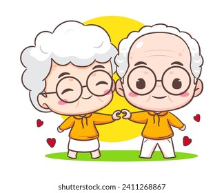 cute couple grandparents show love sign. Grandpa and grandma cartoon character. Happy old couple. Chibi vector style. Isolated white background