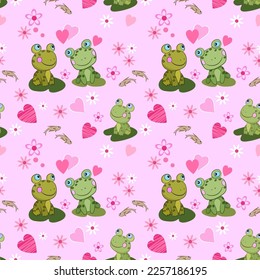 Cute couple green frog with heart shape seamless pattern for fabric textile wallpaper.