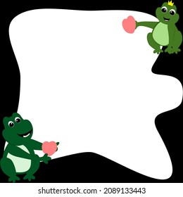 cute couple green frog and pink heart sitting isolated frame boundary cartoon amphibian vector illustration