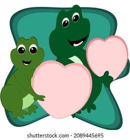 cute couple green frog and pink heart sit isolated cartoon amphibian vector illustration