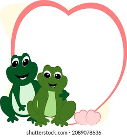 cute couple green frogs and pink hearts sitting isolated cartoon amphibian vector illustration Valentine's Day