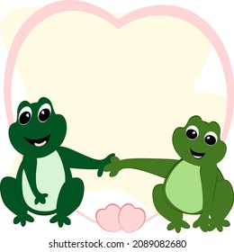 cute couple green frogs and pink hearts sitting isolated cartoon amphibian vector illustration Valentine's Day