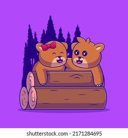 cute a couple of grizzly bear illustration sitting on a pile of log suitable for mascot sticker and t-shirt design