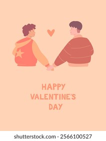 A cute couple of guys in love holding hands and looking into each other's eyes. Greeting card, valentine card, poster