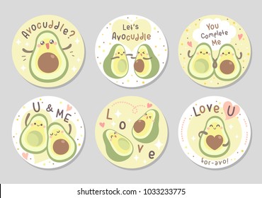 Cute couple half avocado in love with soft pastel color.Funny fruit love quote, let's avocuddle. Set of circle gift tag, badge.Vector illustration.