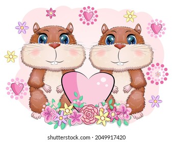 Cute couple hamster and heart, cartoon hamster characters, funny animal in flowers