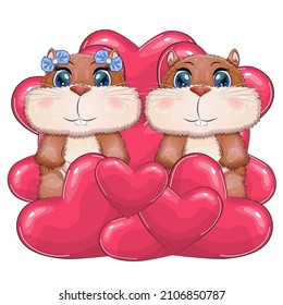 Cute couple hamster and heart, cartoon hamster characters, funny animal in flowers