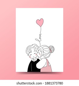 Cute couple hand drawn doodle style. Girl kiss his boyfriend cheek with heart shaped balloon. Valentine post card design.