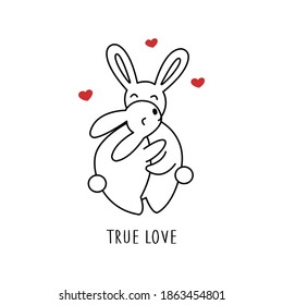Cute couple of hares in love hug. Hearts are flying around. Phrase is true love. Vector illustration in doodle style isolated hand drawing. Happy Valentines Day. February card or poster, valentine