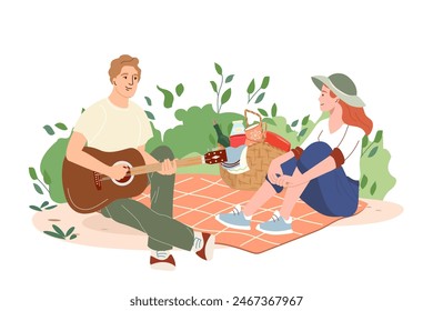 Cute couple having lunch meal outdoor. Romantic date at nature. Young smiling man with guitar and young woman with basket of snacks on summer weekend. Flat cartoon colorful vector illustration