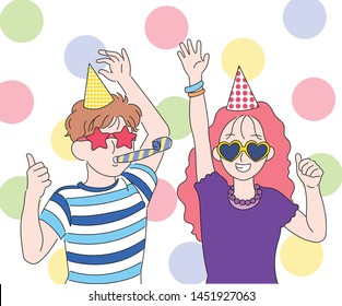 Cute couple having party supplies and fun party. hand drawn style vector design illustrations. 