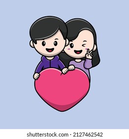 Cute Couple Heart Cartoon Vector Icon Illustration. People Holiday Icon Concept Isolated Premium Vector. Flat Cartoon Style