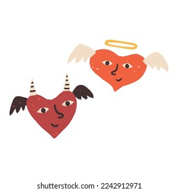 A cute couple of Heart characters - the devil with horns and the angel with wings and halo. Symbol of love. Valentine's Day concept, Vector illustration