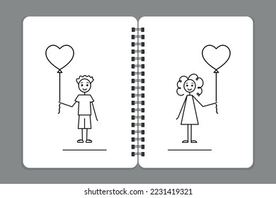 cute couple with heart shaped balloons drawn on notebook pages, vector illustration