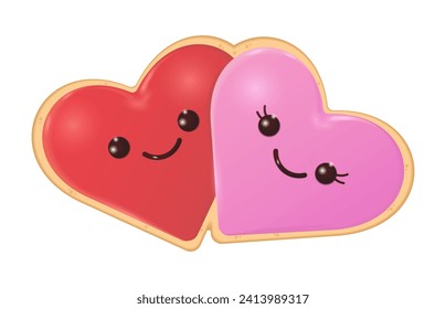 Cute couple hearts cookies with smiling faces. Romantic biscuit for Valentine's Day, wedding, anniversary, date, event