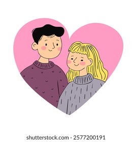 Cute Couple in Heart-Shaped Frame for Valentine's Day or romantic themes