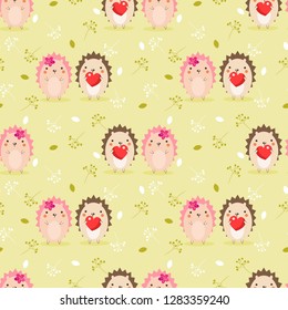 Cute couple hedgehog in Valentine seamless pattern. Lovely animal in Valentine concept.
