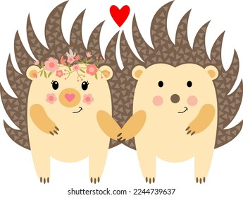 Cute couple of hedgehogs in love
