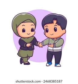 Linda Pareja Hijab Chica Con Niño Que Sostiene La Ilustración Del Vector De Dibujos Animados De La Mano. Personas Festiva Icon Concept Vector de Premium aislado. Estilo plano de dibujos animados