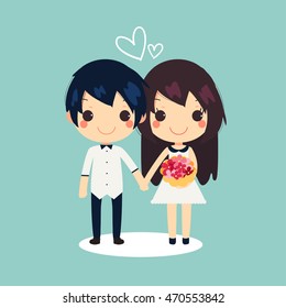 cute couple hold hands and have flowers in another girl's hand with white heart shape vector illustration