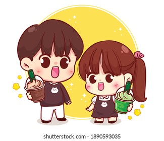 Cute couple holding coffee and Matcha tea cartoon character illustration Premium Vector