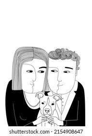 Cute couple holding a dog. Couple with pet. Happy family portrait. Trendy hand drawn vector Illustration. Vintage Poster. Retro print, cover. Adoption, parenting, friendship family concept.
