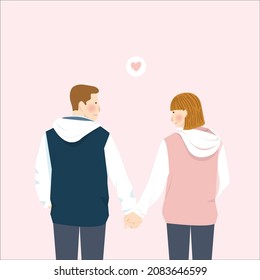 Cute Couple Holding Hand in casual outfit jacket, Romantic cute couple illustration character, wedding couple