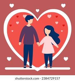 Una pareja muy amable tomando la mano en el fondo de un corazón. La pareja de amor, el chico y la chica se toman de la mano. Ilustración vectorial en estilo plano para el día de San Valentín