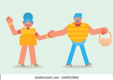 A cute couple holding hands each other while her man carrying a basket. Simple Easter vector illustration, this illustration can use as a sticker also. 