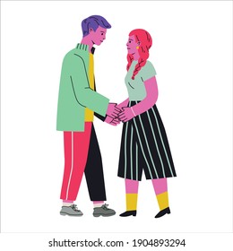 Cute couple holding hands. Hand drawn colorful funny cartoon style vector illustration. 