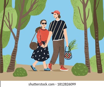 Cute couple holding hands walking together at summer park vector flat illustration. Enamored people carrying grocery bag full of products to picnic. Happy pair enjoy date going at nature landscape