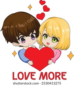 Cute couple holding heart chibi character vector illustration